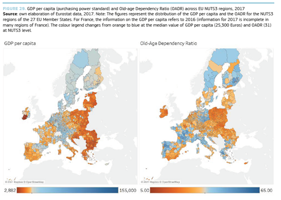 variación en el PIB per cápita y la tasa de dependencia de la vejez 