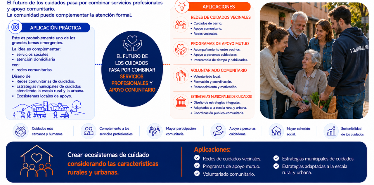 Modelos comunitarios de cuidados que combinan servicios profesionales y apoyo vecinal para personas mayores