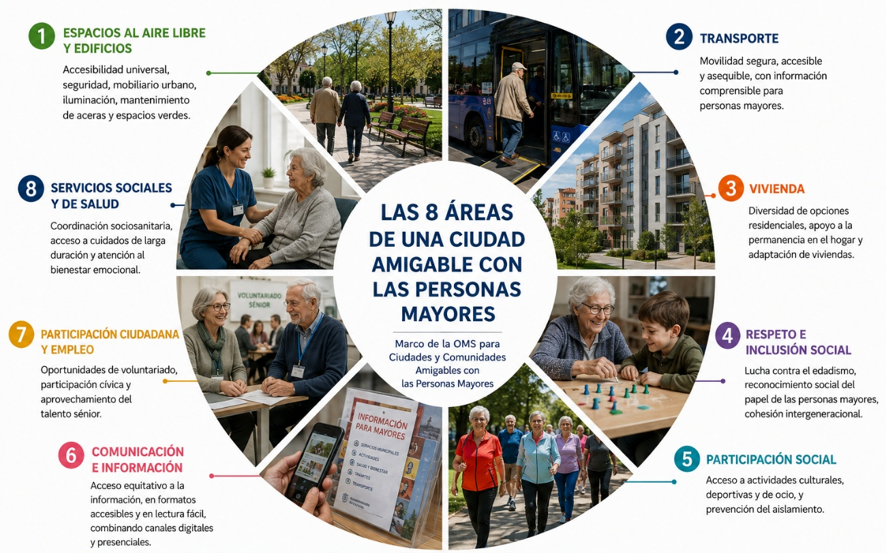 Las ocho áreas de una Ciudad Amigable con las Personas Mayores según el marco de la Organización Mundial de la Salud