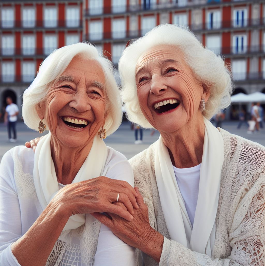 Dos mujeres mayores sonríen y comparten un momento de compañía en la Plaza Mayor de Madrid, reflejo de los vínculos sociales frente a la soledad no deseada.