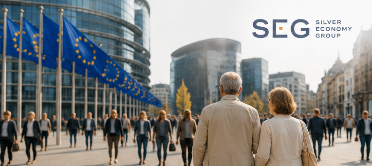 Pareja mayor caminando ante las instituciones europeas en Bruselas, ilustrando la transformación demográfica en Europa